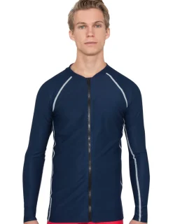 Tuga Sunwear Swim Shirts & Rash Guards|Men's Chlorine Resistant Long Sleeve Zip Rash Guard - Navy