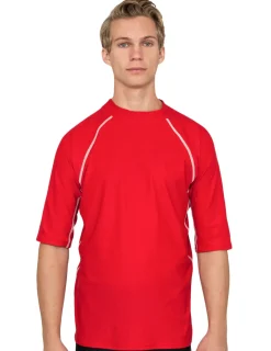 Tuga Sunwear Swim Shirts & Rash Guards|Men's Chlorine Resistant Short Sleeve Rash Guard - Red