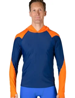 Tuga Sunwear Swim Shirts & Rash Guards|Men's Swim Crest Rash Guard with Relaxed Hoodie - Navy / Orange