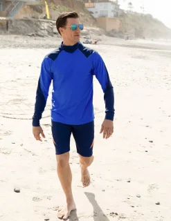 Tuga Sunwear Swim Shirts & Rash Guards|Men's Swim Crest Rash Guard with Fitted Hoodie - Royal / Navy