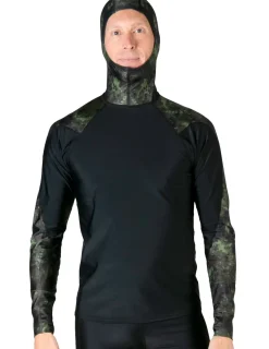 Tuga Sunwear Swim Shirts & Rash Guards|Men's Swim Crest Rash Guard with Fitted Hoodie - Green Camo