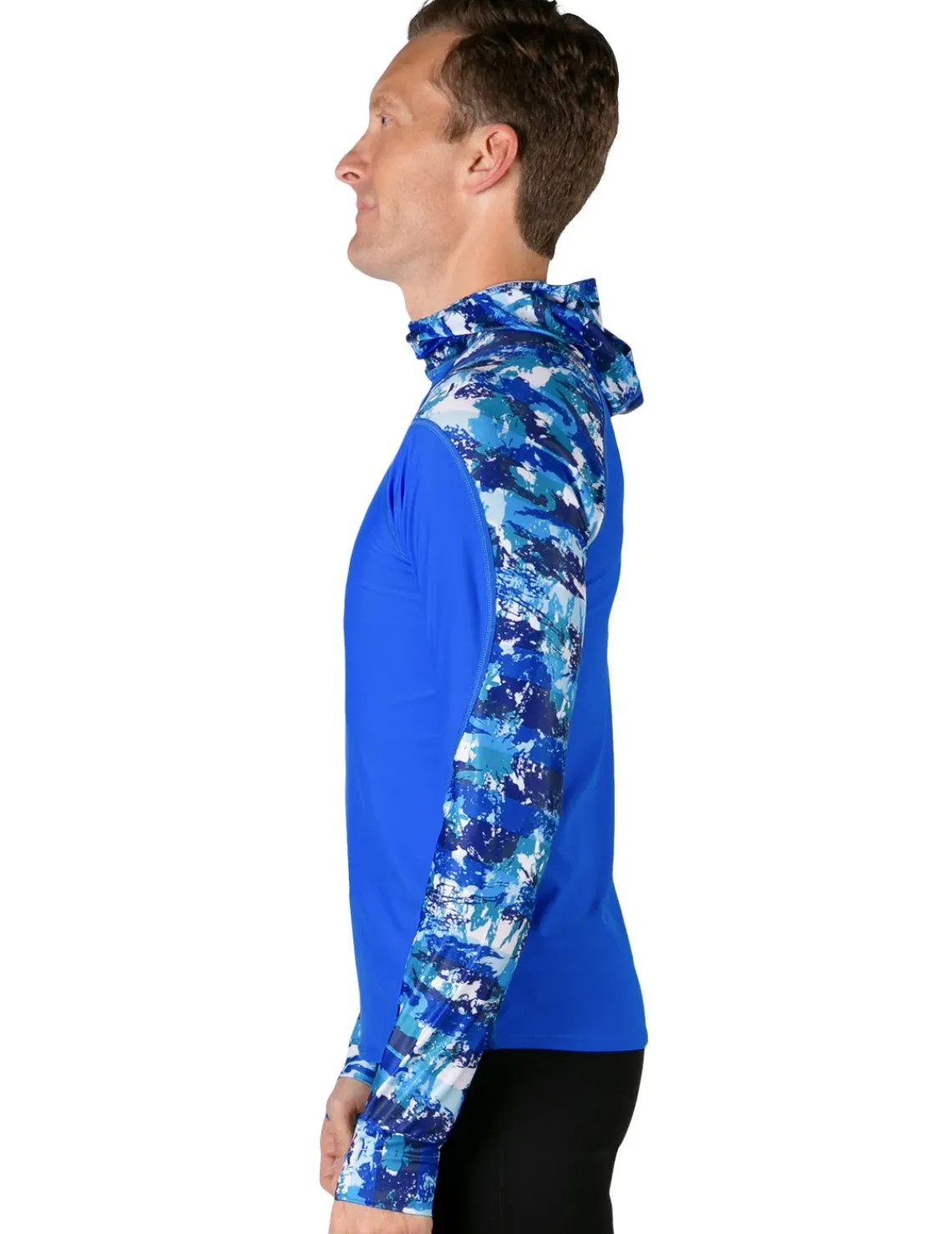 Tuga Sunwear Swim Shirts & Rash Guards|Men's Swim Crest Rash Guard with Fitted Hoodie - Blue Camo