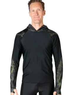 Tuga Sunwear Swim Shirts & Rash Guards|Men's Swim Crest Rash Guard with Relaxed Hoodie - Green Camo