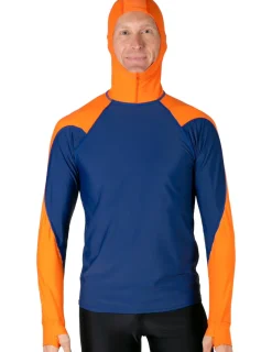 Tuga Sunwear Swim Shirts & Rash Guards|Men's Swim Crest Rash Guard with Fitted Hoodie - Navy / Orange