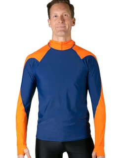 Tuga Sunwear Swim Shirts & Rash Guards|Men's Swim Crest Rash Guard with Fitted Hoodie - Navy / Orange