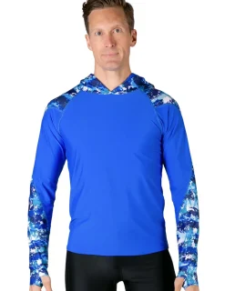 Tuga Sunwear Swim Shirts & Rash Guards|Men's Swim Crest Rash Guard with Relaxed Hoodie - Blue Camo
