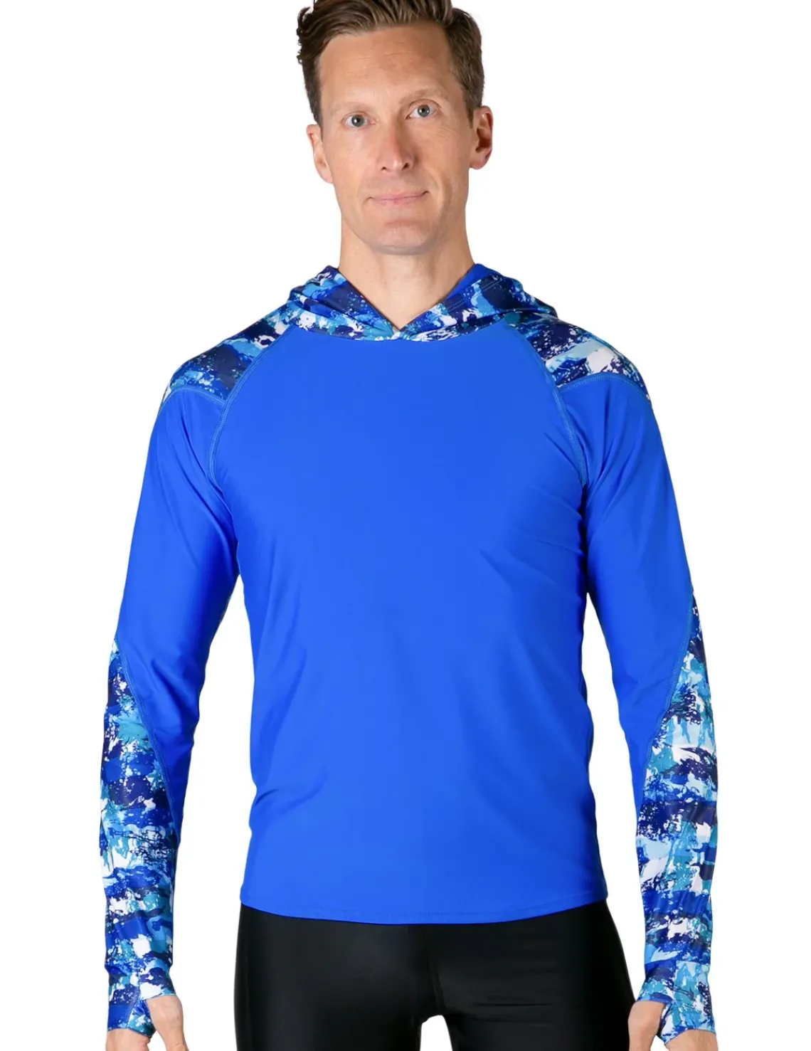 Tuga Sunwear Swim Shirts & Rash Guards|Men's Swim Crest Rash Guard with Relaxed Hoodie - Blue Camo