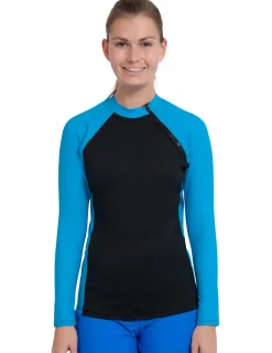 Women Tuga Sunwear Thermal Wetsuit Tops|Women's Hybrid Thermal Zip Rash Guard - Black / Turquoise