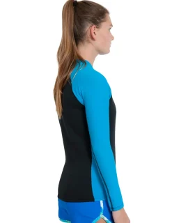Women Tuga Sunwear Thermal Wetsuit Tops|Women's Hybrid Thermal Zip Rash Guard - Black / Turquoise