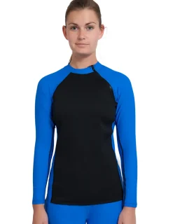Women Tuga Sunwear Thermal Wetsuit Tops|Women's Hybrid Thermal Zip Rash Guard - Black / Royal