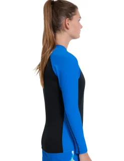 Women Tuga Sunwear Thermal Wetsuit Tops|Women's Hybrid Thermal Zip Rash Guard - Black / Royal