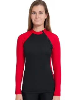 Women Tuga Sunwear Thermal Wetsuit Tops|Women's Hybrid Thermal Zip Rash Guard - Black / Red