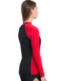 Women Tuga Sunwear Thermal Wetsuit Tops|Women's Hybrid Thermal Zip Rash Guard - Black / Red