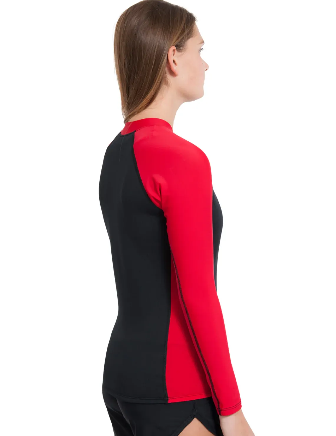 Women Tuga Sunwear Thermal Wetsuit Tops|Women's Hybrid Thermal Zip Rash Guard - Black / Red