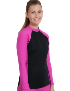 Women Tuga Sunwear Thermal Wetsuit Tops|Women's Hybrid Thermal Zip Rash Guard - Black / Fuchsia