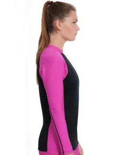 Women Tuga Sunwear Thermal Wetsuit Tops|Women's Hybrid Thermal Zip Rash Guard - Black / Fuchsia