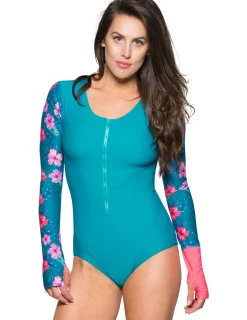 Women Tuga Sunwear One-piece Swimsuits|Women's Long Sleeve One Piece Swimsuit (Regular & Plus Size) - Tropical Teal