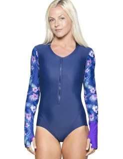 Women Tuga Sunwear One-piece Swimsuits|Women's Long Sleeve One Piece Swimsuit (Regular & Plus Size) - Tropical Violet