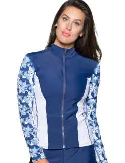 Women Tuga Sunwear Swim Shirts & Rash Guards|Women's Long Sleeve Zip Swim Jacket (Regular & Plus Size) - Retro Floral