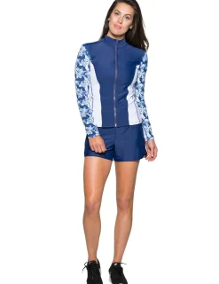 Women Tuga Sunwear Swim Shirts & Rash Guards|Women's Long Sleeve Zip Swim Jacket (Regular & Plus Size) - Retro Floral