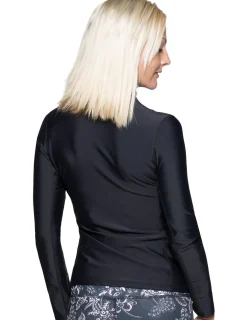 Women Tuga Sunwear Swim Shirts & Rash Guards|Women's Long Sleeve Zip Swim Jacket (Regular & Plus Size) - Black