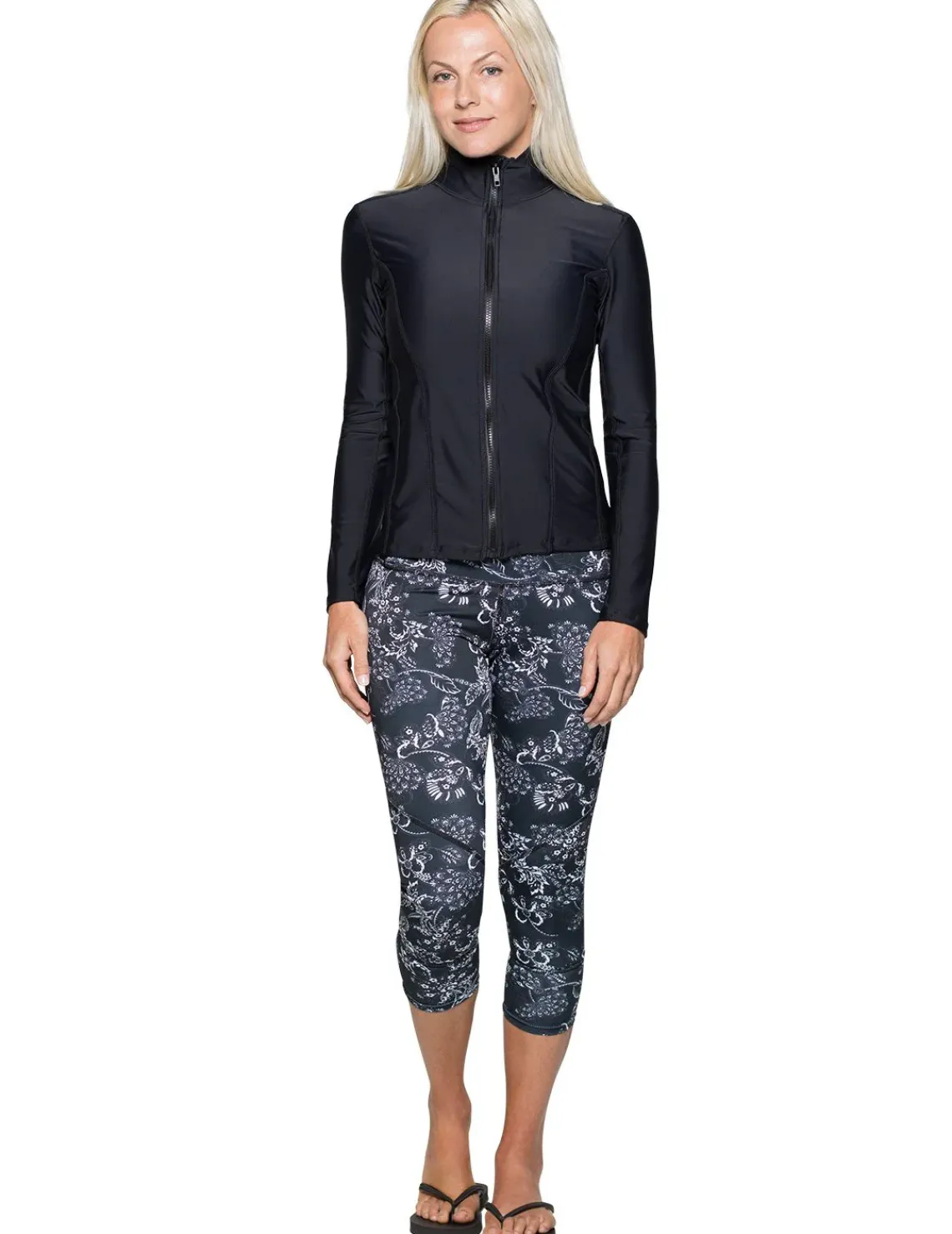 Women Tuga Sunwear Swim Shirts & Rash Guards|Women's Long Sleeve Zip Swim Jacket (Regular & Plus Size) - Black