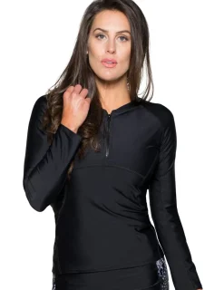 Women Tuga Sunwear Swim Shirts & Rash Guards|Women's Long Sleeve Quarter Zip Rash Guard (Regular & Plus Size) - Black