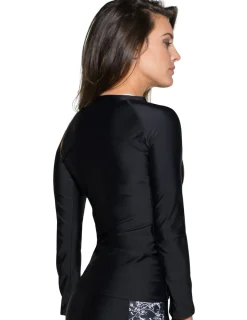 Women Tuga Sunwear Swim Shirts & Rash Guards|Women's Long Sleeve Quarter Zip Rash Guard (Regular & Plus Size) - Black