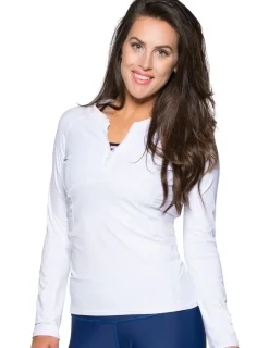 Women Tuga Sunwear Swim Shirts & Rash Guards|Women's Long Sleeve Quarter Zip Rash Guard (Regular & Plus Size) - White