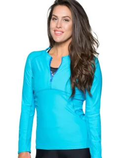 Women Tuga Sunwear Swim Shirts & Rash Guards|Women's Long Sleeve Quarter Zip Rash Guard (Regular & Plus Size) - Hawaii