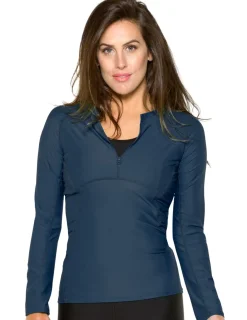 Women Tuga Sunwear Swim Shirts & Rash Guards|Women's Long Sleeve Quarter Zip Rash Guard (Regular & Plus Size) - Navy