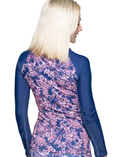 Women Tuga Sunwear Swim Shirts & Rash Guards|Women's Long Sleeve Quarter Zip Rash Guard (Regular & Plus Size) - Paisley/Navy