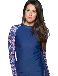 Women Tuga Sunwear Swim Shirts & Rash Guards|Women's Long Sleeve Rash Guard (Regular & Plus Size) - Paisley/Navy