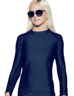Women Tuga Sunwear Swim Shirts & Rash Guards|Women's Long Sleeve Rash Guard (Regular & Plus Size) - Navy