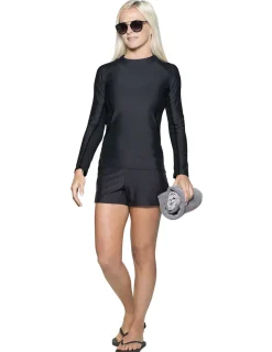 Women Tuga Sunwear Swim Shirts & Rash Guards|Women's Long Sleeve Rash Guard (Regular & Plus Size) - Black