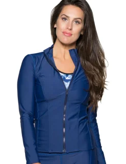 Women Tuga Sunwear Swim Shirts & Rash Guards|Women's Long Sleeve Zip Swim Jacket (Regular & Plus Size) - Navy