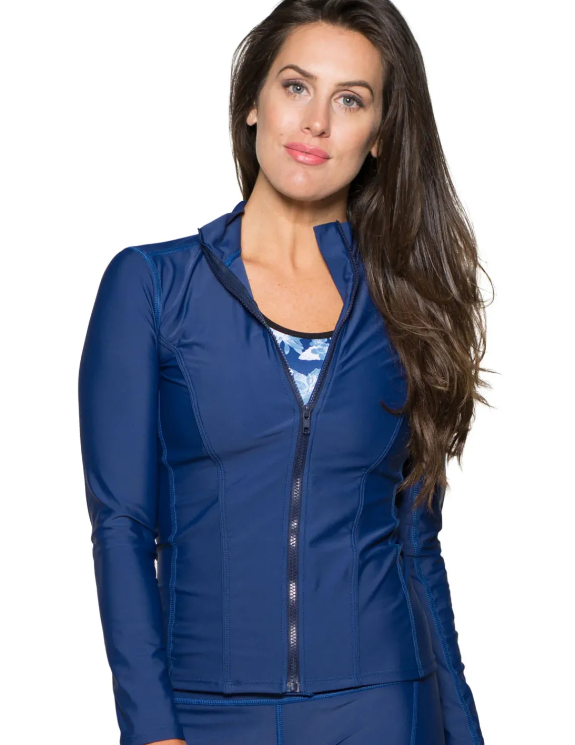 Women Tuga Sunwear Swim Shirts & Rash Guards|Women's Long Sleeve Zip Swim Jacket (Regular & Plus Size) - Navy