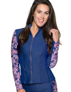 Women Tuga Sunwear Swim Shirts & Rash Guards|Women's Long Sleeve Zip Swim Jacket (Regular & Plus Size) - Paisley/Navy