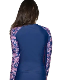 Women Tuga Sunwear Swim Shirts & Rash Guards|Women's Long Sleeve Zip Swim Jacket (Regular & Plus Size) - Paisley/Navy