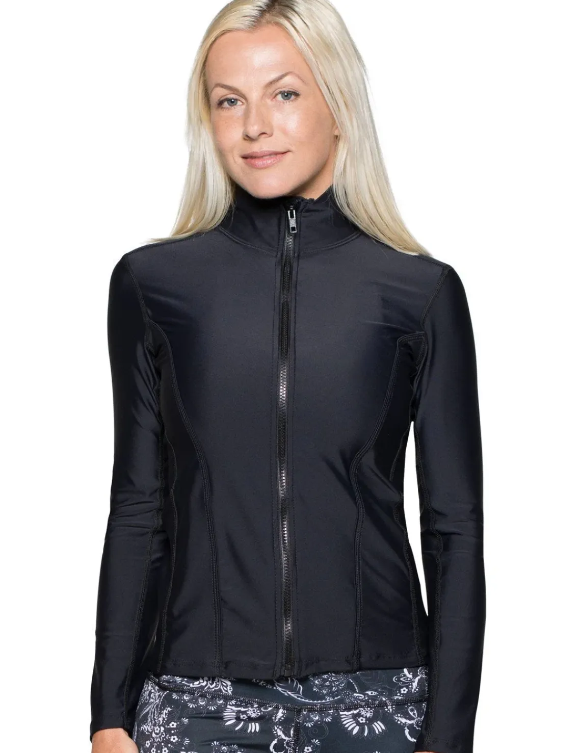 Women Tuga Sunwear Swim Shirts & Rash Guards|Women's Long Sleeve Zip Swim Jacket (Regular & Plus Size) - Paisley/Navy