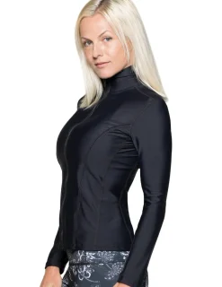 Women Tuga Sunwear Swim Shirts & Rash Guards|Women's Long Sleeve Zip Swim Jacket (Regular & Plus Size) - Paisley/Navy