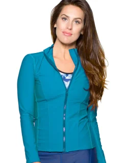 Women Tuga Sunwear Swim Shirts & Rash Guards|Women's Long Sleeve Zip Swim Jacket (Regular & Plus Size) - Teal
