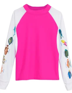 Women Tuga Sunwear Swim Shirts & Rash Guards|Women's Snorkel Caribbean Fish ID Rash Guard - Fuchsia