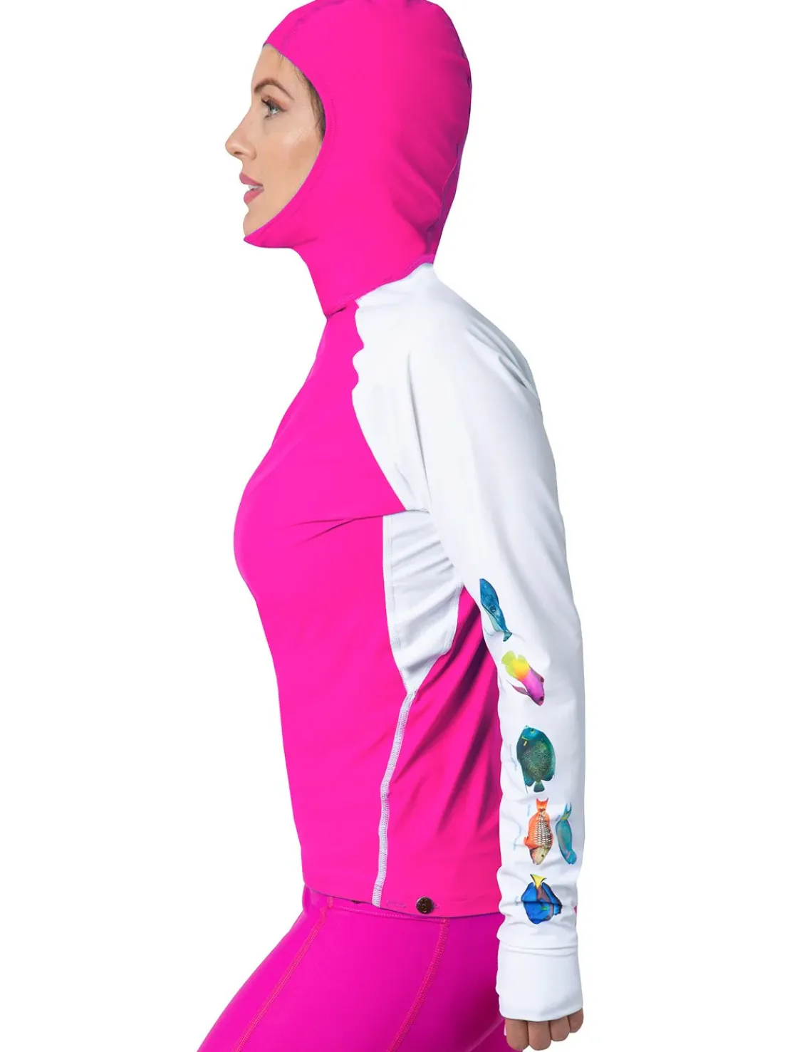 Women Tuga Sunwear Swim Shirts & Rash Guards|Women's Snorkel Hoodie Rash Guard - Caribbean Fish ID - Fuchsia