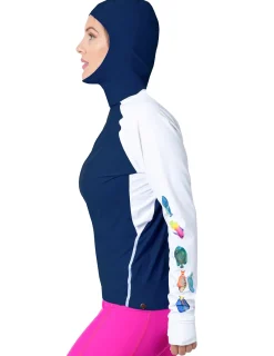 Women Tuga Sunwear Swim Shirts & Rash Guards|Women's Snorkel Hoodie Rash Guard - Caribbean Fish ID - Navy